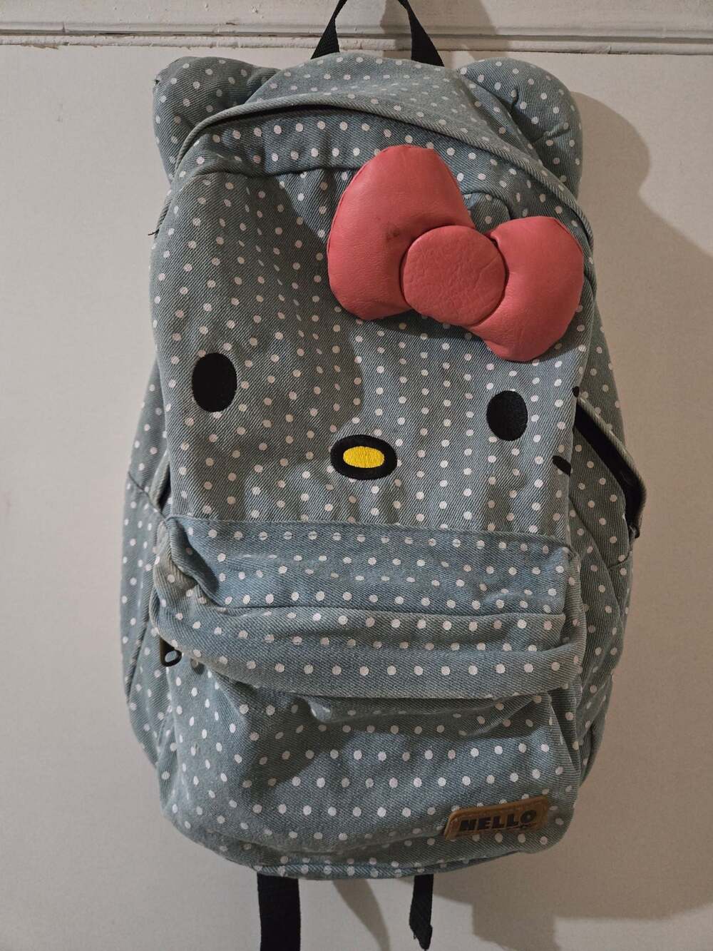 Sanrio Hello Kitty Blue Polka Dot Denim Plush Ear Backpack with Pink Bow